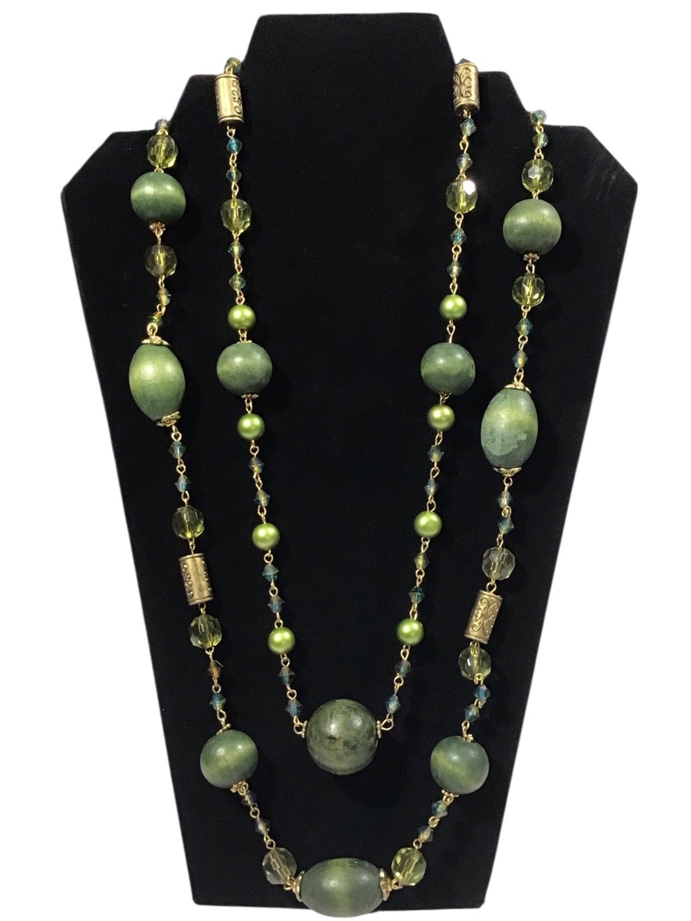 Olive Green Blue Beaded Layered Wood Acrylic Metal Necklace Fashion Jewelry